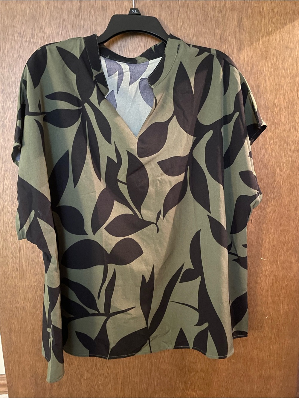 SHEIN Olive & Black Leaf Print V-Neck Blouse